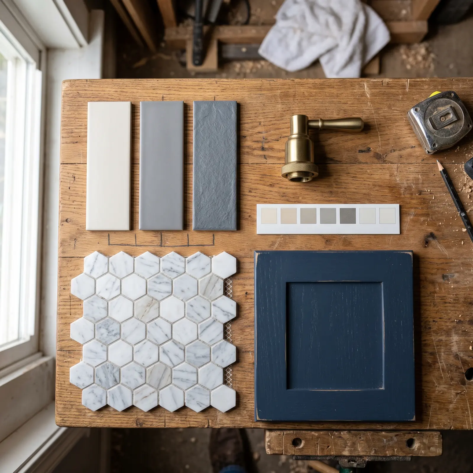 Tile, mosaic and vanity finish samples laid out on a workbench