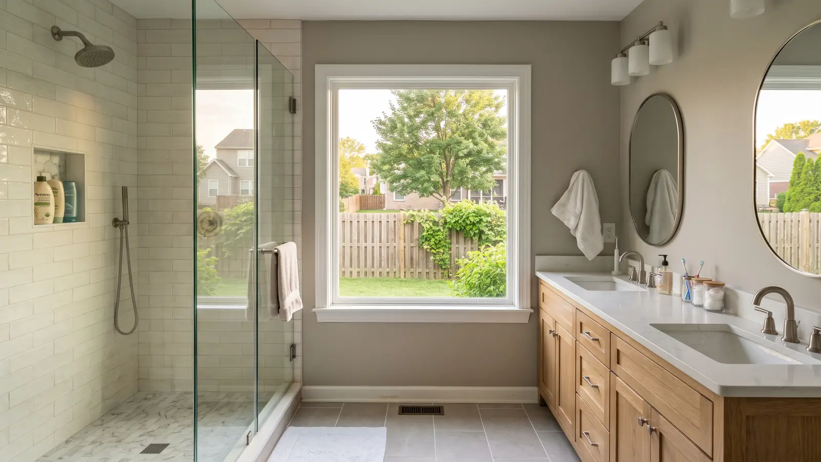 Remodeled primary bathroom in a Lexington home with a large tiled walk-in shower and white oak double vanity