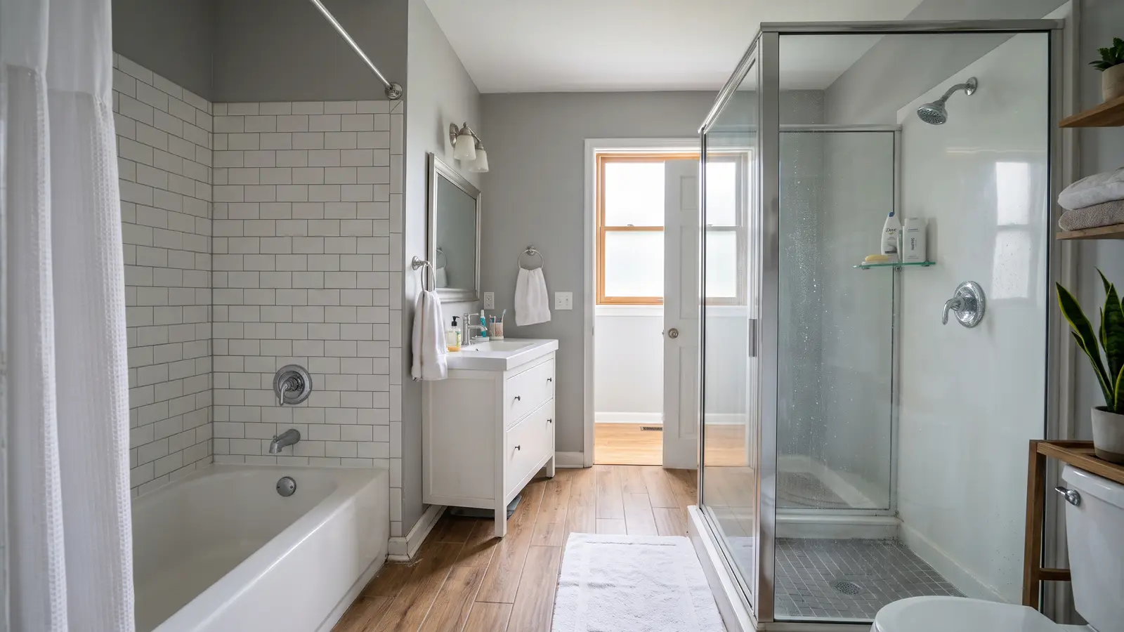 Lexington primary bathroom with a white alcove bathtub on one wall and a glass walk-in shower on the other