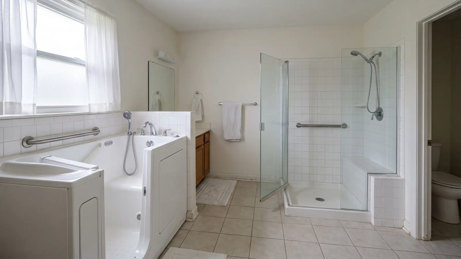Lexington accessible bathroom with a white walk-in tub with side door next to a curbless shower with fold-down seat and grab bars