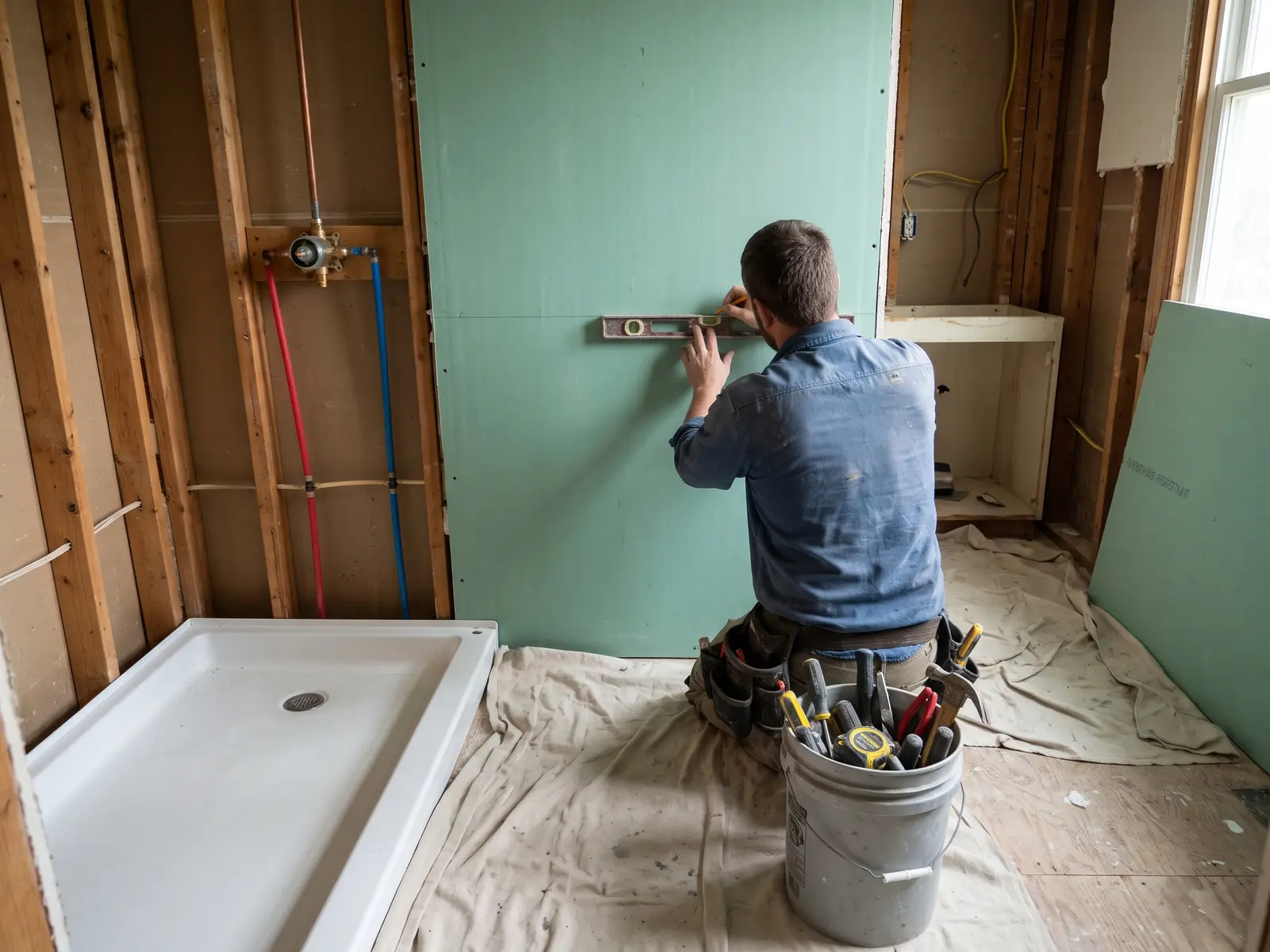 Contractor marking a tile layout line on new drywall in a gutted Lexington bathroom
