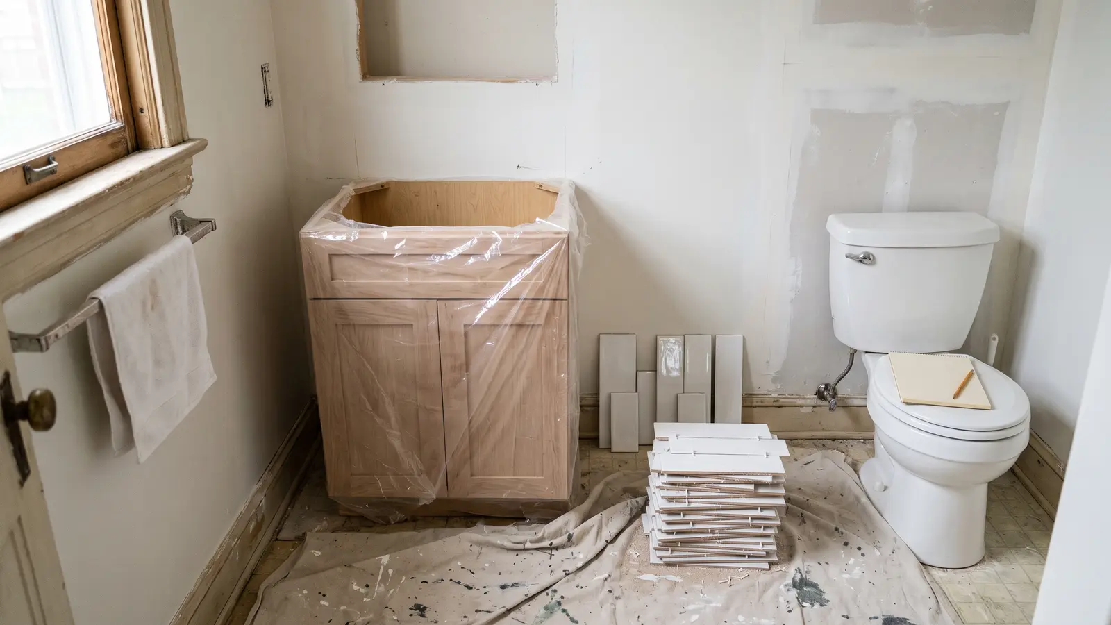 Lexington hall bathroom stripped to the studs with a new tub, stacked tile and a written quote on a clipboard