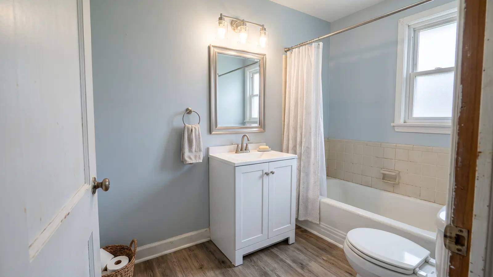 Small Lexington hall bathroom after a budget refresh with a new gray vanity, chrome faucet, light bar and fresh paint
