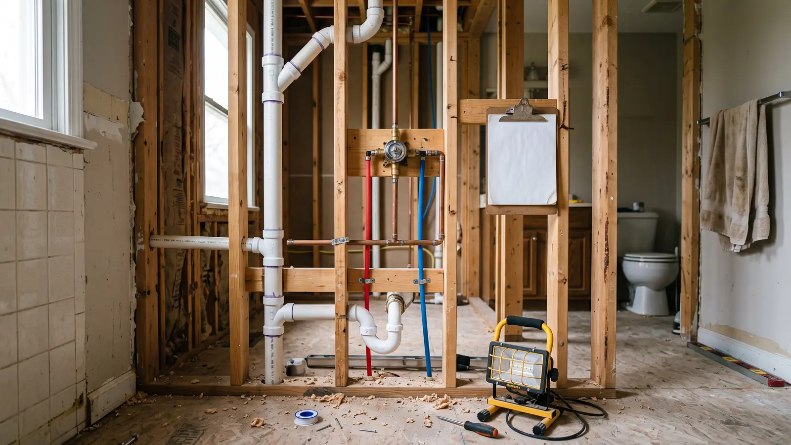 Open bathroom wall in a Lexington home showing a relocated shower drain and new supply lines before the wall is closed