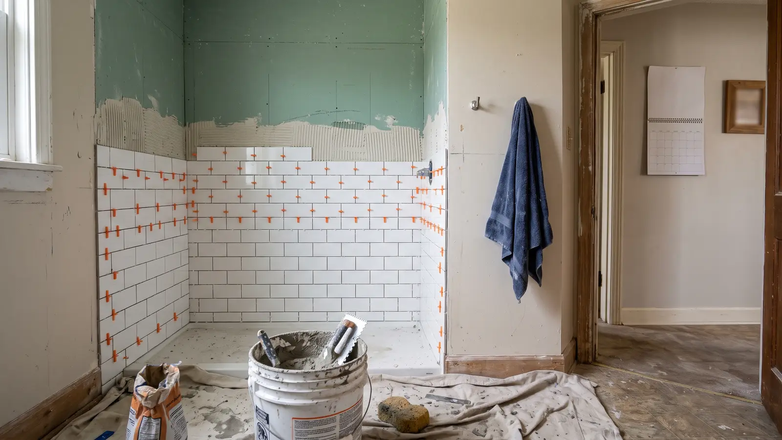 Lexington bathroom halfway through a remodel with cement board on the shower walls and a new vanity still in its box