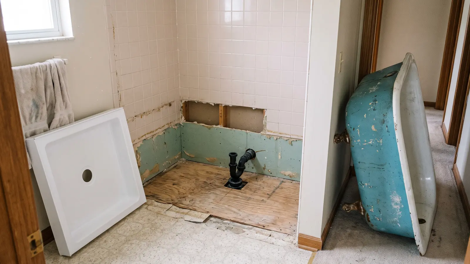 Lexington bathroom alcove where an old tub has been removed, showing the exposed drain and a new low-threshold shower base