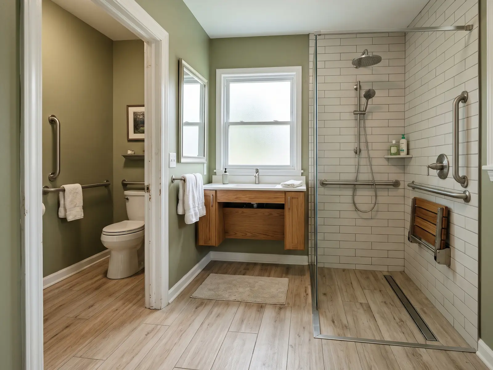 Accessible Lexington, KY bathroom with a curbless tiled shower, fold-down bench, grab bars and a comfort-height toilet