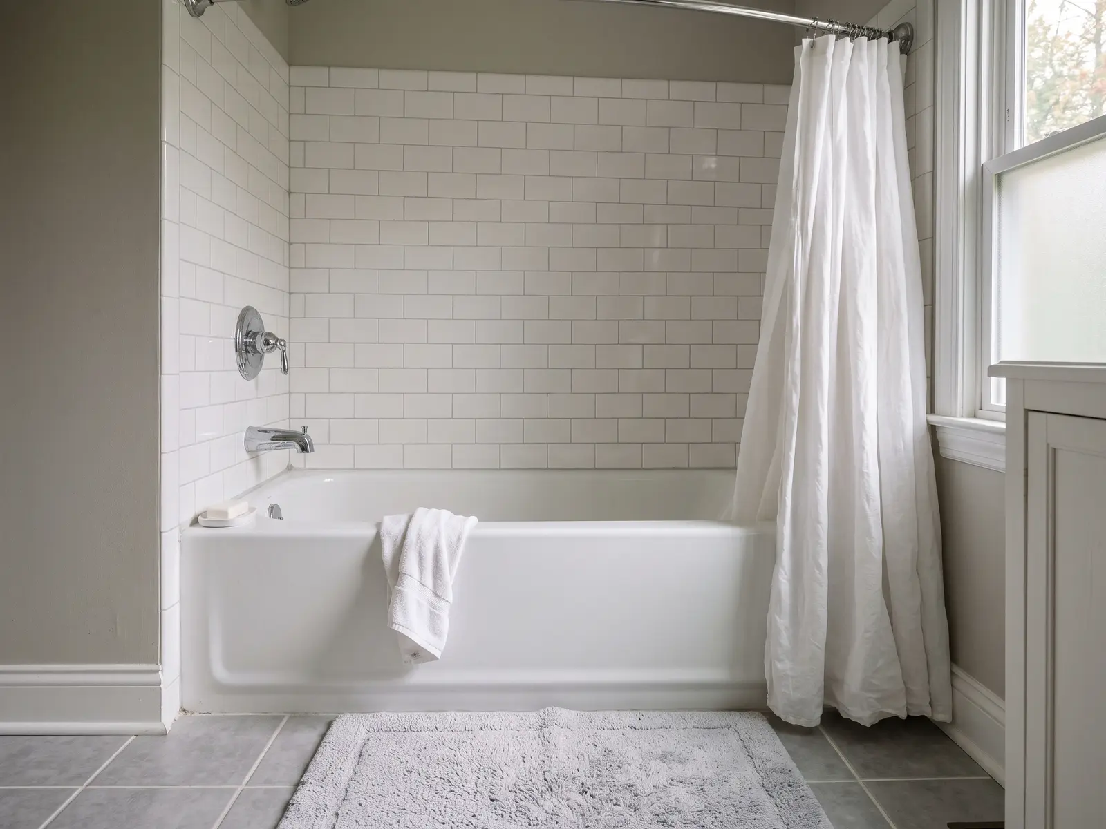 Newly installed white acrylic bathtub with a tiled surround and chrome fixtures in a Lexington, KY hall bathroom