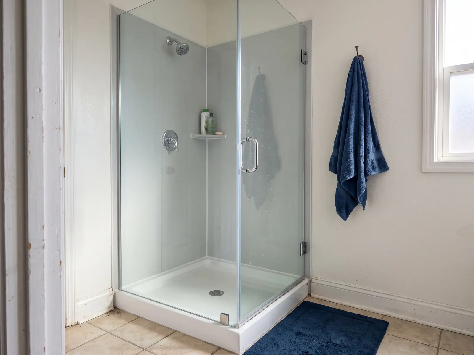Replacement shower stall in a Lexington, KY home with white subway-pattern wall panels, a new base and a framed glass door
