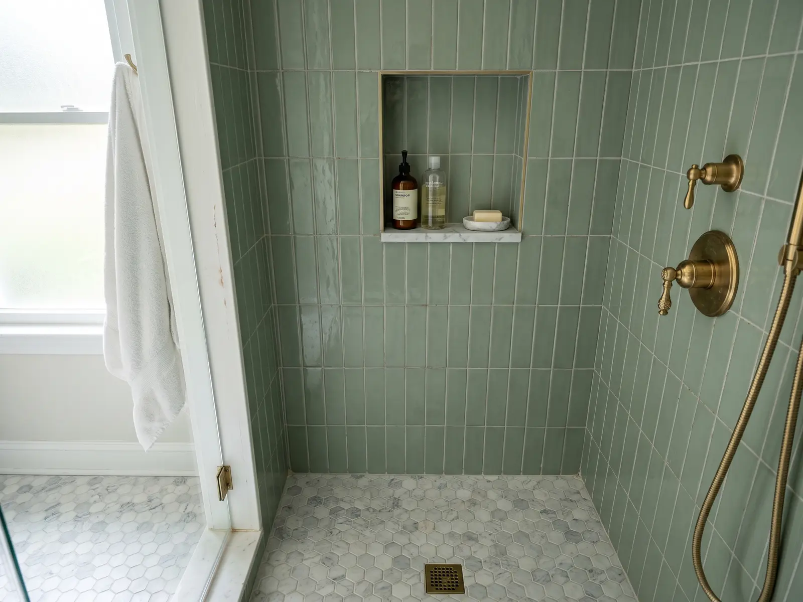 Custom tile shower in a Lexington, KY home with large porcelain wall tile, a mosaic floor, recessed niche and frameless glass