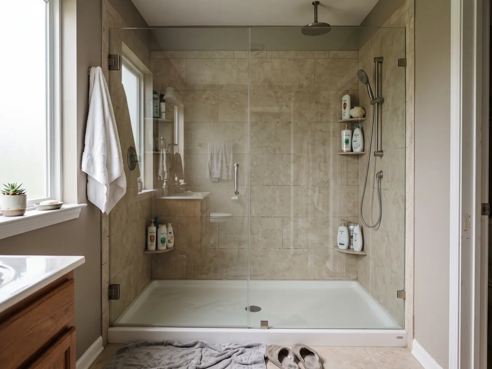 Low-curb walk-in shower in a Lexington, KY bathroom with large gray porcelain tile, a corner bench and a fixed glass panel