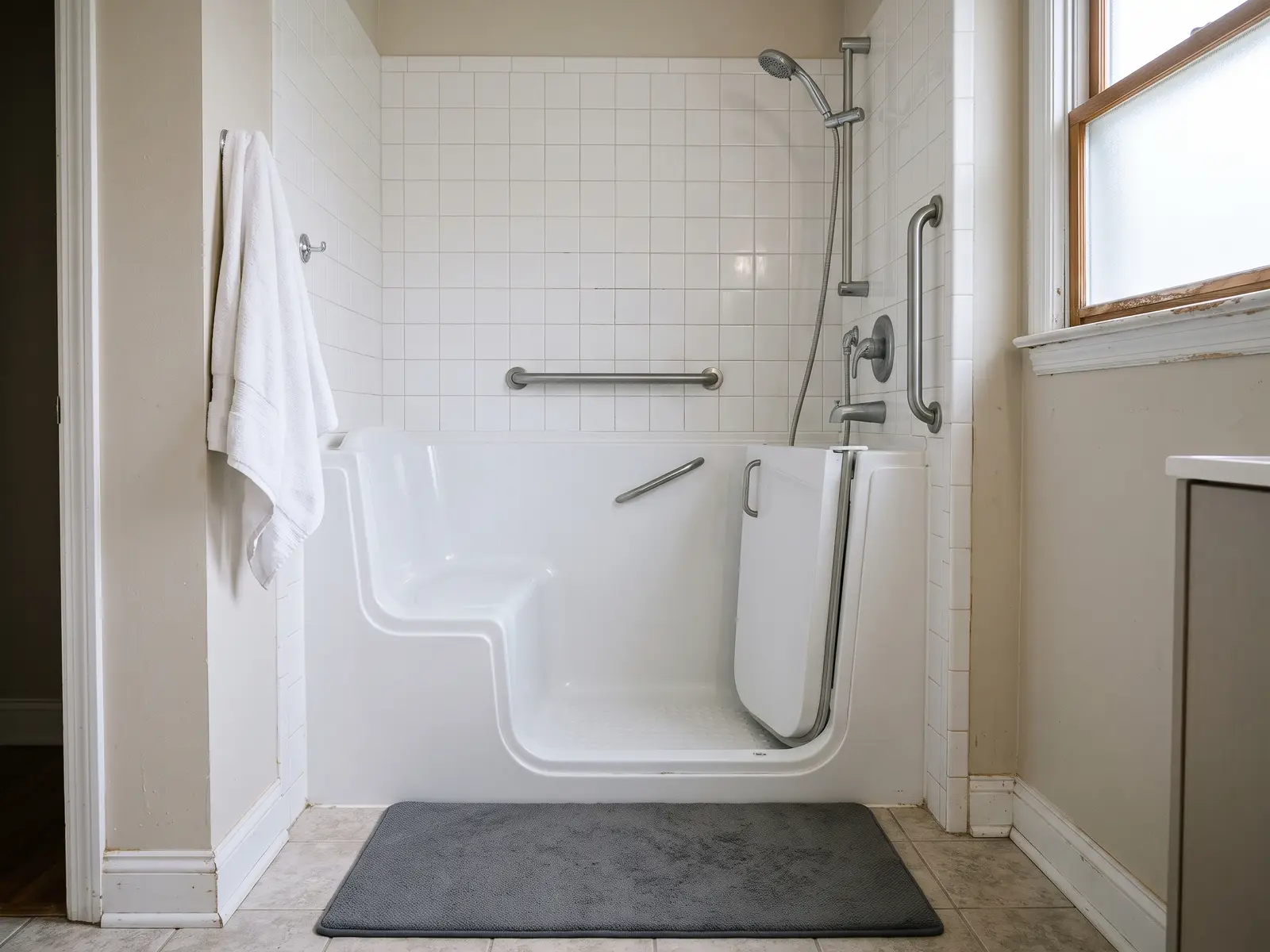 Walk-in bathtub with an open side door, contoured seat and wall grab bar in a Lexington, KY bathroom