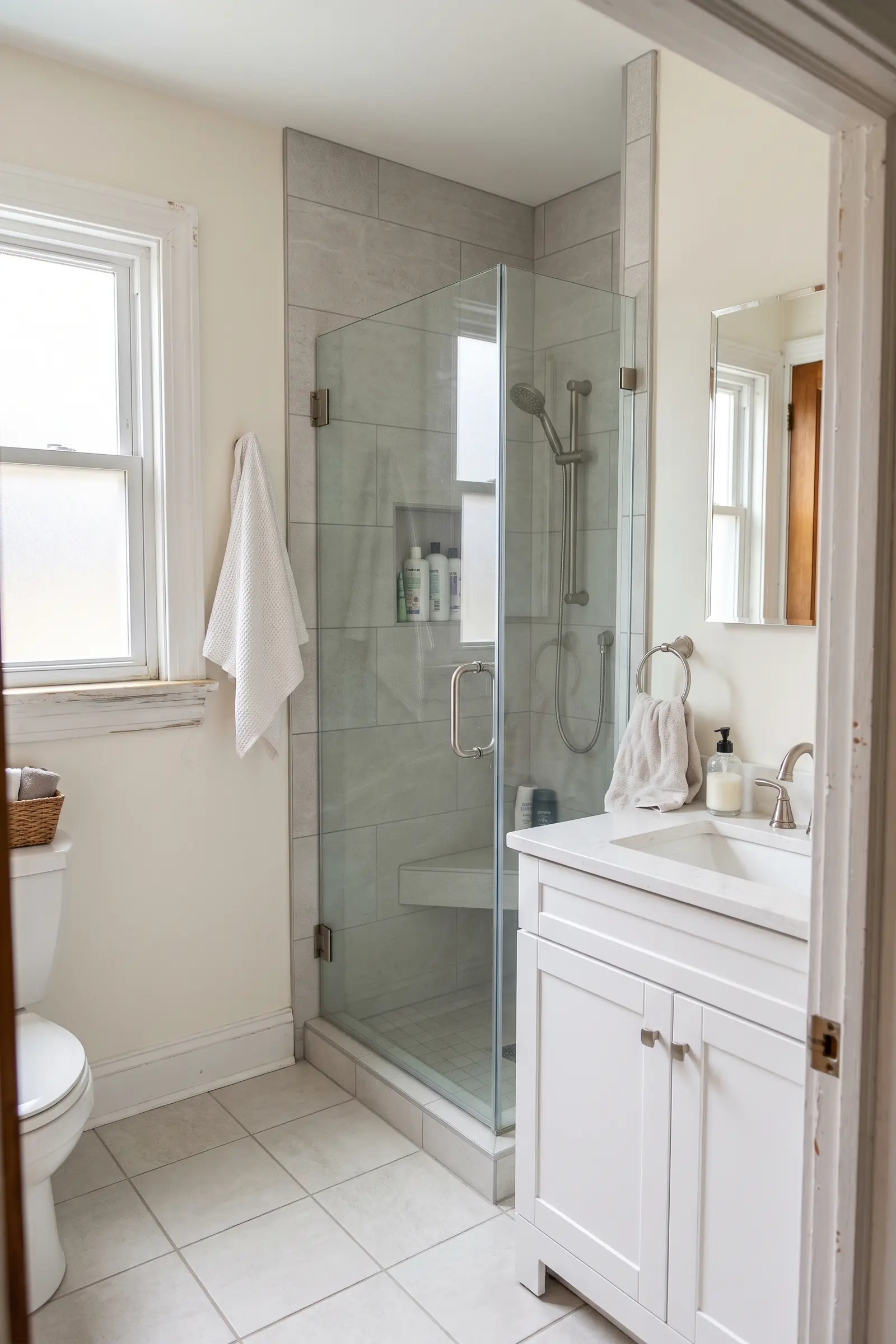 Same bathroom after remodeling with a tiled walk-in shower, bench and glass door
